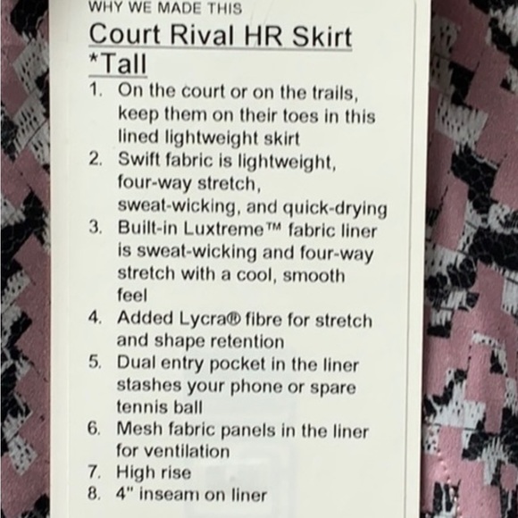 ❤️LULULEMON HIGH RISE COURT RIVAL SKIRT/SKORT TALL-MAUVE MULTI-10❤️ - Picture 12 of 16